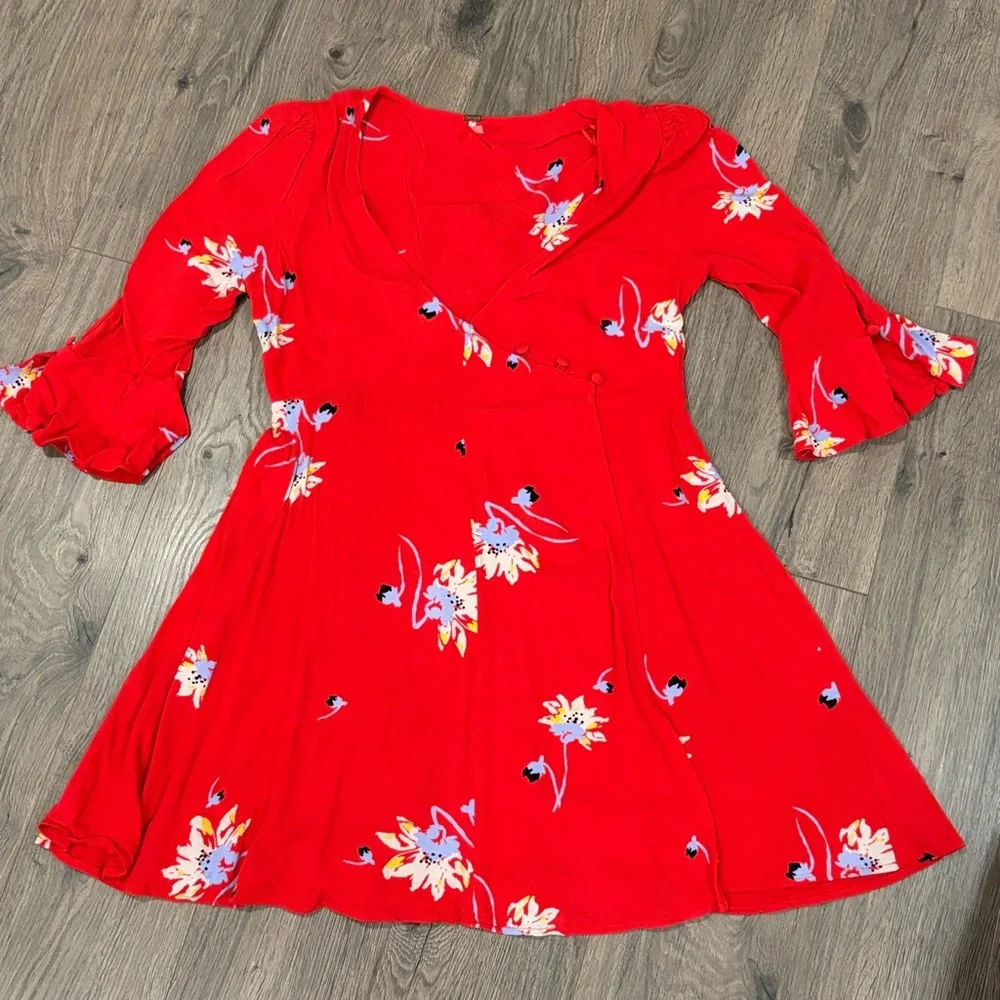 Free People Time On My Side Red Floral Print Wrap Dress - Size Small    dresses - Picture 2 of 9